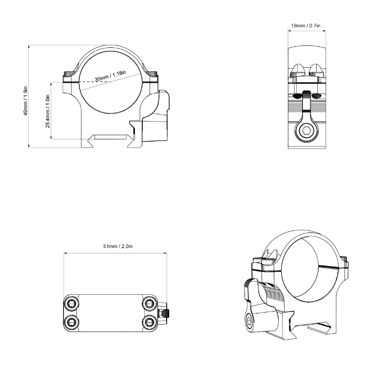 Vector Optics 30mm Steel Weaver QD Rifle Scope Rings - 1" Low Profile
