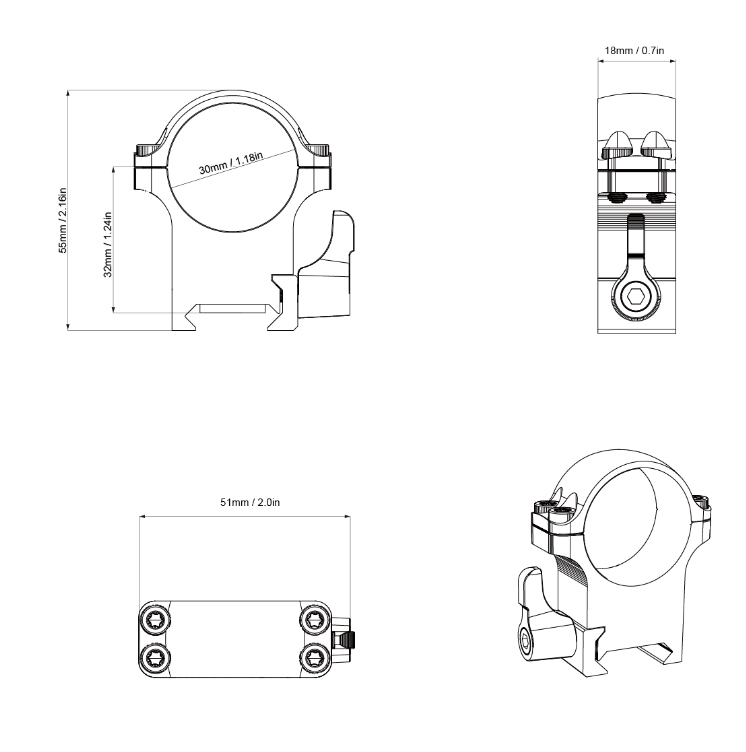 Vector Optics 30mm Steel Weaver QD Rifle Scope Rings - 1.25" Medium Profile