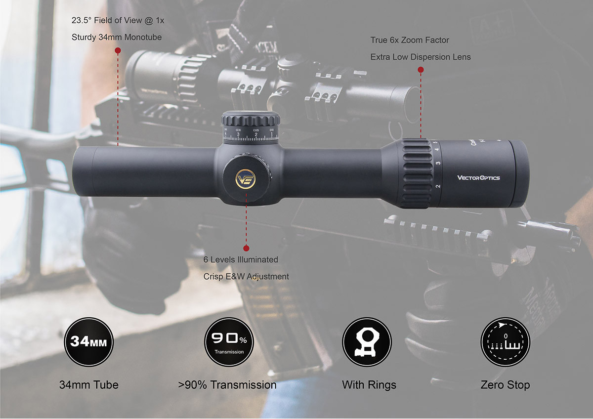 Vector Optics Continental 1-6x28 FFP Illuminated 34mm Tactical VCT-BNW 0.1 MRAD Rifle Scope