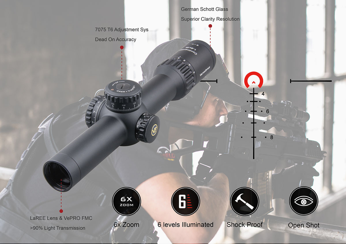 Vector Optics Continental 1-6x28 FFP Illuminated 34mm Tactical VCT-BNW 0.1 MRAD Rifle Scope