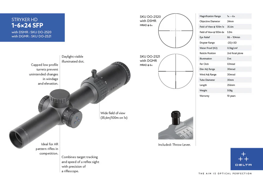 Delta STRYKER HD 1-6x24 SFP LVPO 0.1MRAD Illuminated DSMR 30mm Rifle Scope