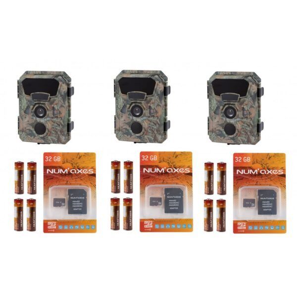 Numaxes PACK X 3 PACKS TRAIL CAMERA PIE1066 + BATTERIES (x12) + 32 GB SD CARD