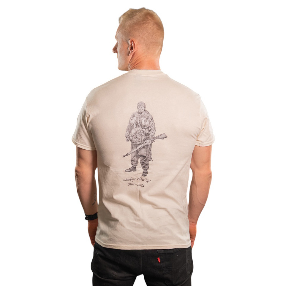 Smoking Third Eye International Sniper Community T-Shirt with Soldier Design - White / Black