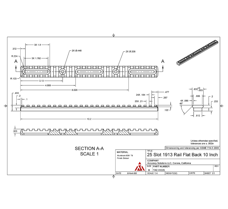 Accuracy Solutions BipodeXt Picatinny Rail 25 Slots - 10.2 Inches