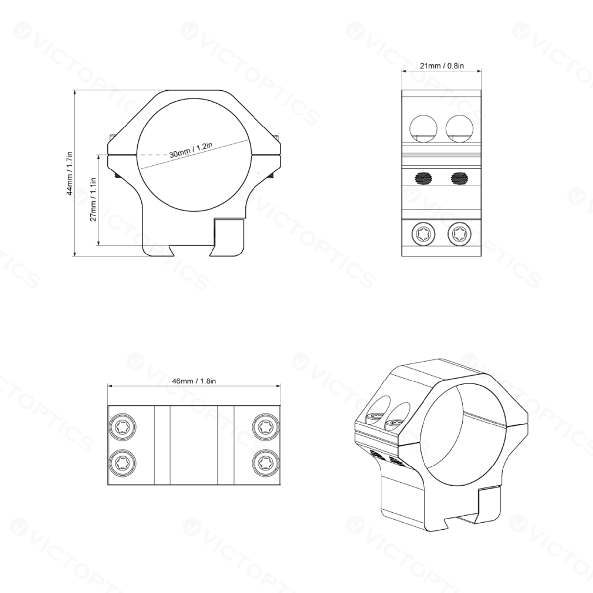 Vector Victoptics ACD Screw Mount 30mm 9-11mm Dovetail Mounting Rings - Low