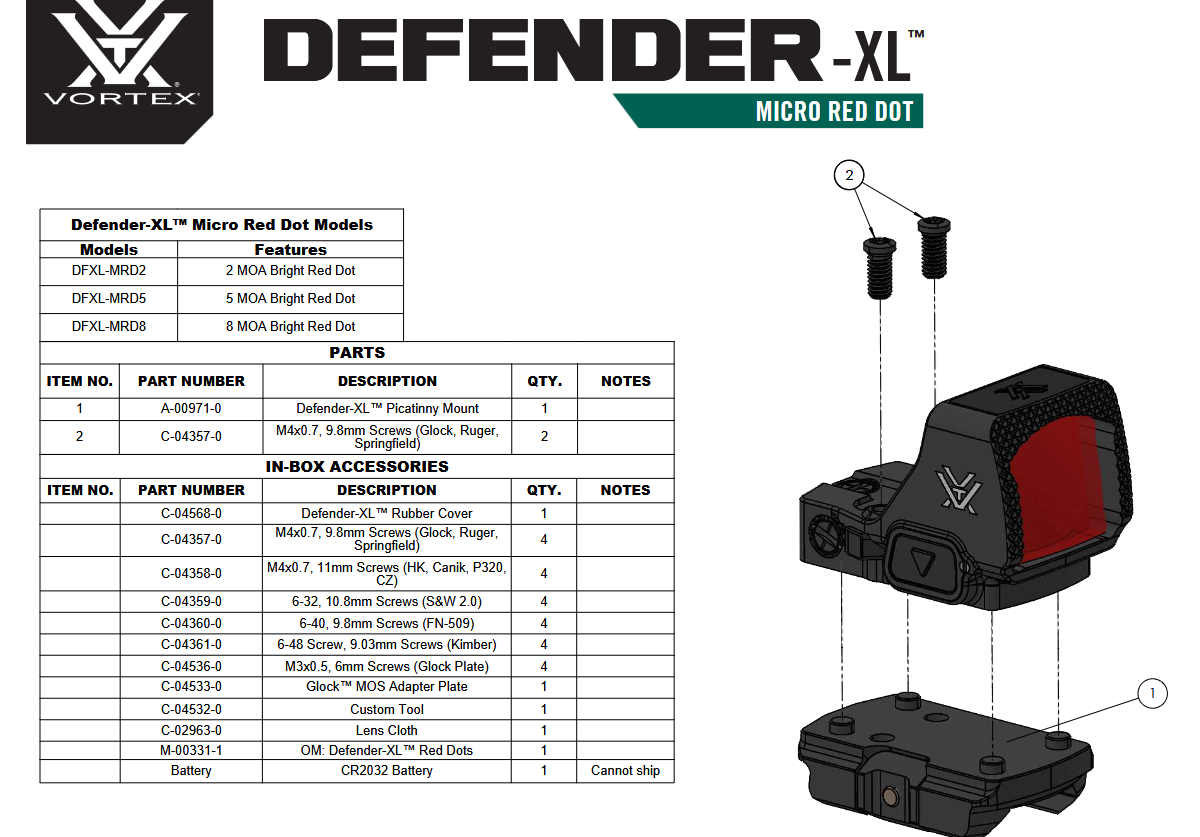 Vortex Optics Defender-XL 8 MOA Red Dot Sight with Picatinny Mount