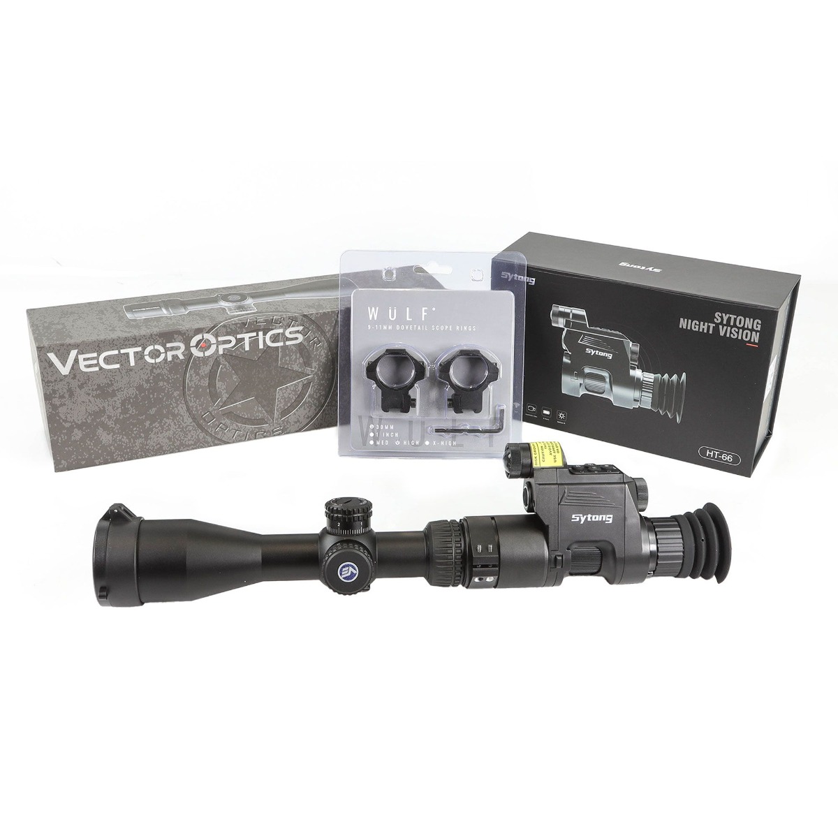 WIN A BUNDLE: Vector Optics Veyron 3-12x44 SFP Rifle Scope with Sytong HT-66 12mm 1-3.5x Digital Night Vision Rear Add On and WULF 30mm 9-11mm High Scope Rings!
