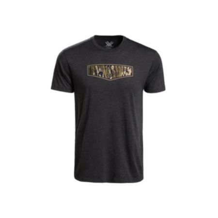 Vortex Men's Mossy Oak Bottomland Camo Shield Logo Short Sleeve T-Shirt - Charcoal Heather - Medium