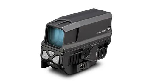 A compact, tactical holographic sight with buttons and adjustment dials, designed for firearms.